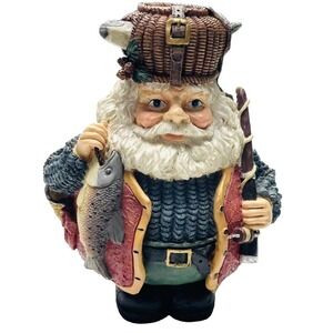 Santa Claus Fisherman Figurine Decor Chubby 8" Tall Fishing Pole Christmas Resin